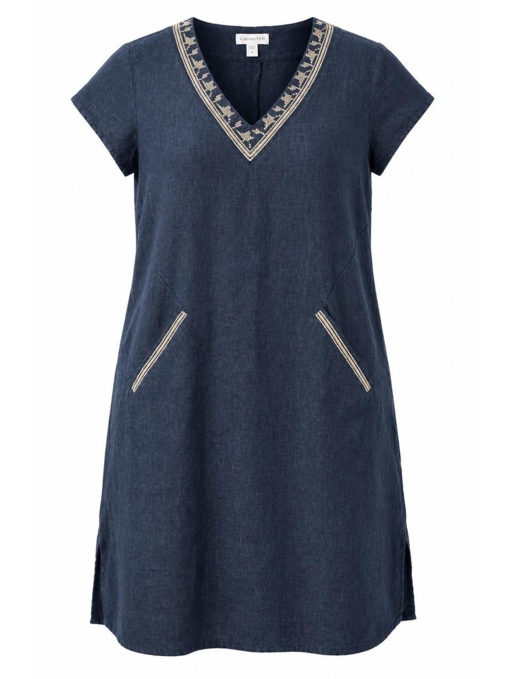 Garnet Hill Linen Embroidered V Neck Dress with Pockets Size 14